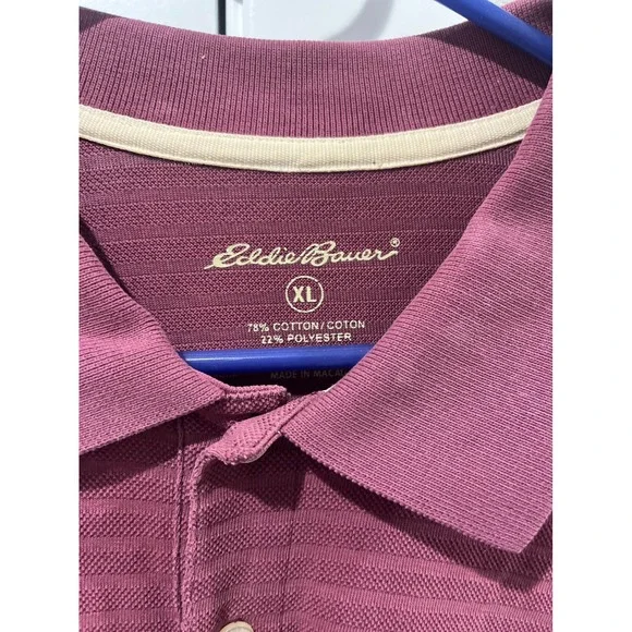 Eddie Bauer Mens XL Polo Shirt Burgundy Maroon Striped Short Sleeve Cotton Blend - Picture 2 of 4